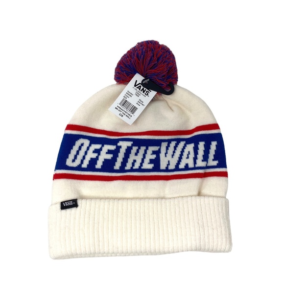 VANS Off The Wall Pom White Blue Red Unisex Beanie Knit Hat One Size VN0A2YR73KS - Picture 2 of 3